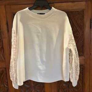 Zara White blouse with Sheer Floral Sleeves